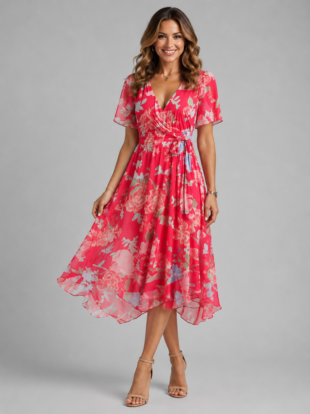 Womens Printed V Neck Midi Dress