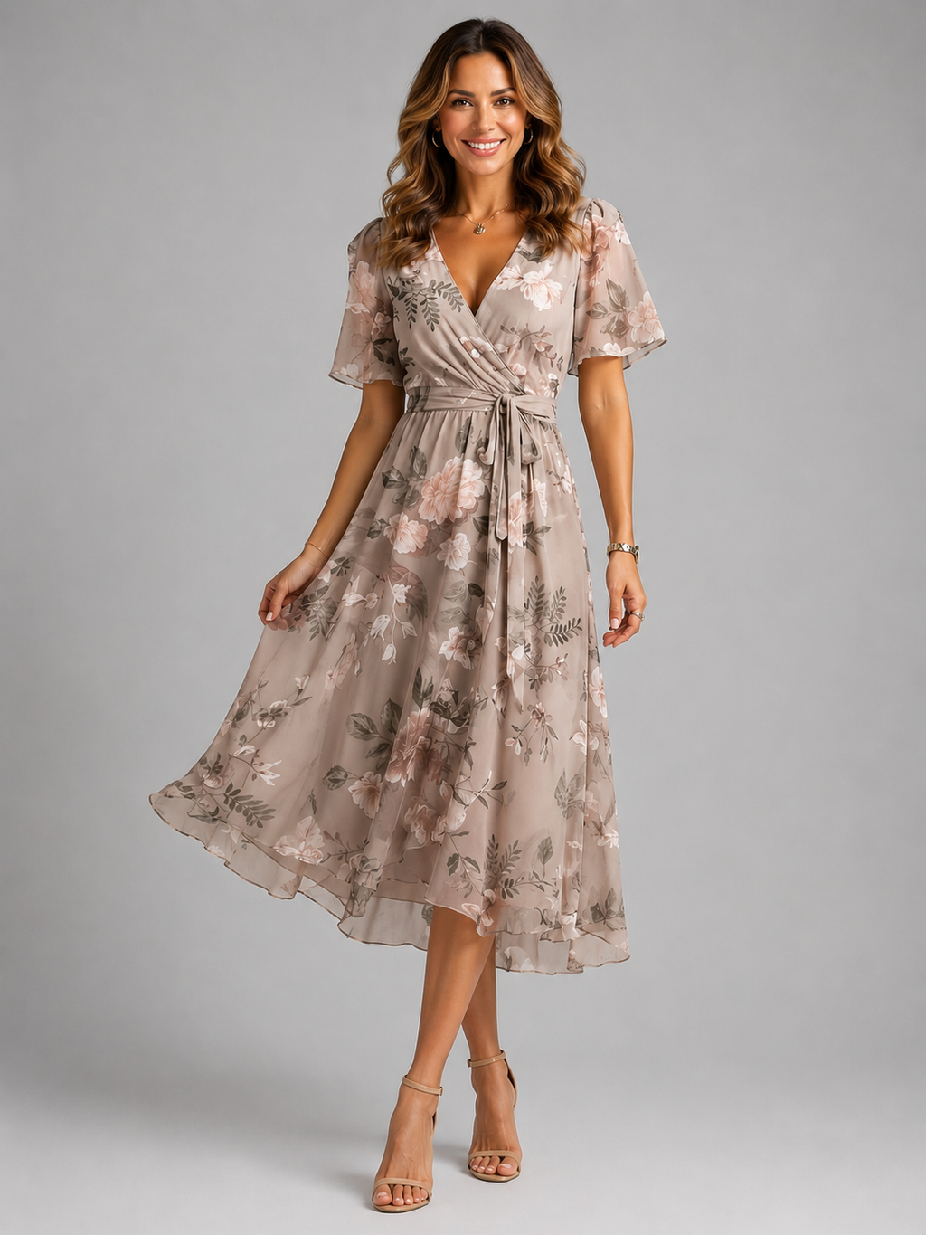Womens Printed V Neck Midi Dress