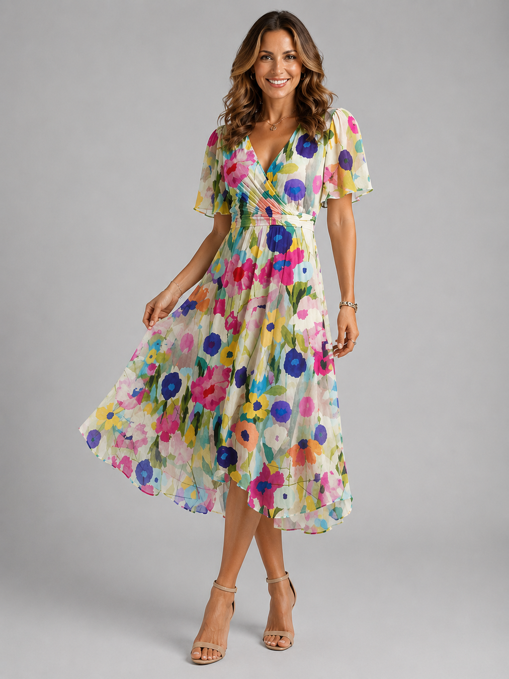 Womens Printed V Neck Midi Dress