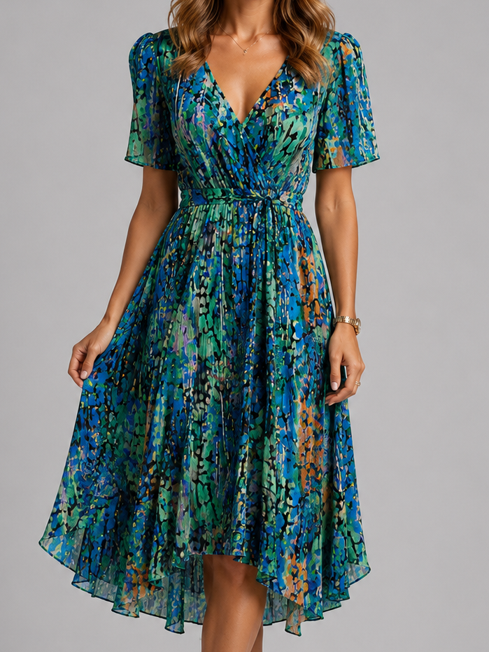Womens Printed V Neck Midi Dress