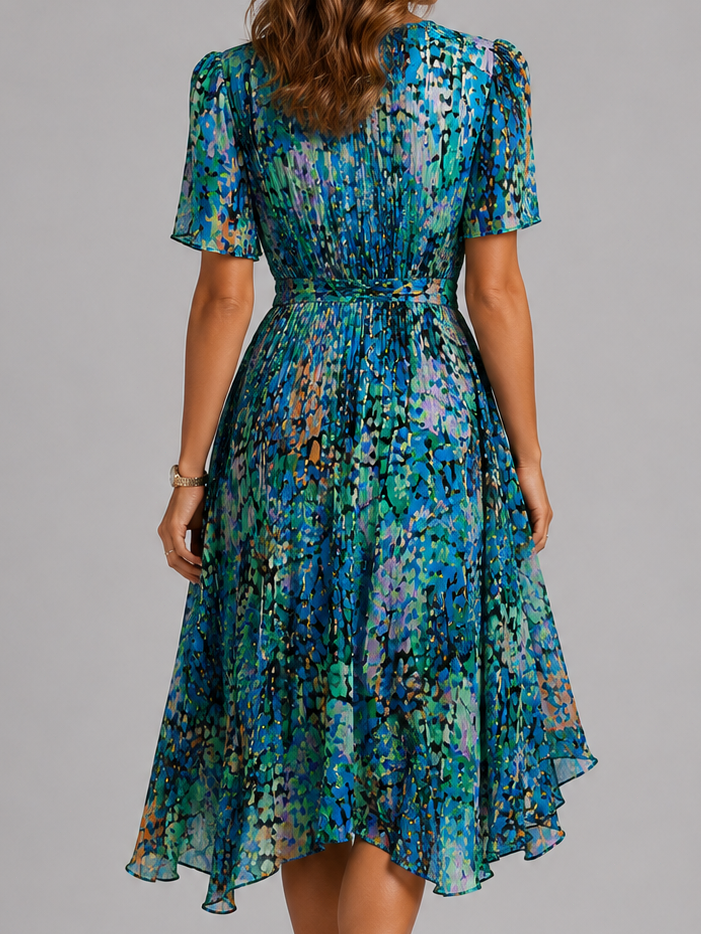 Womens Printed V Neck Midi Dress