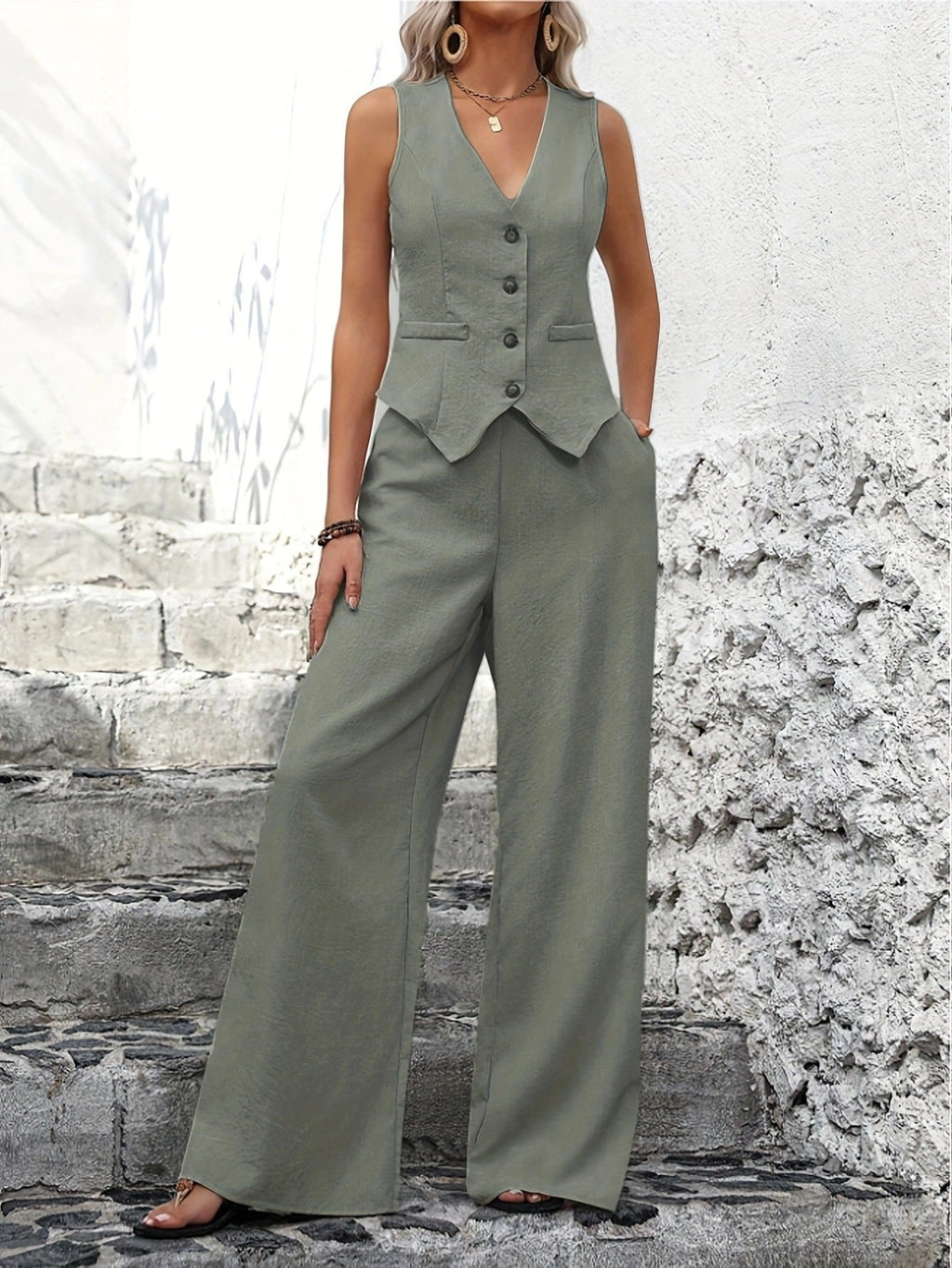 Womens V Neck Vest Two Piece Set