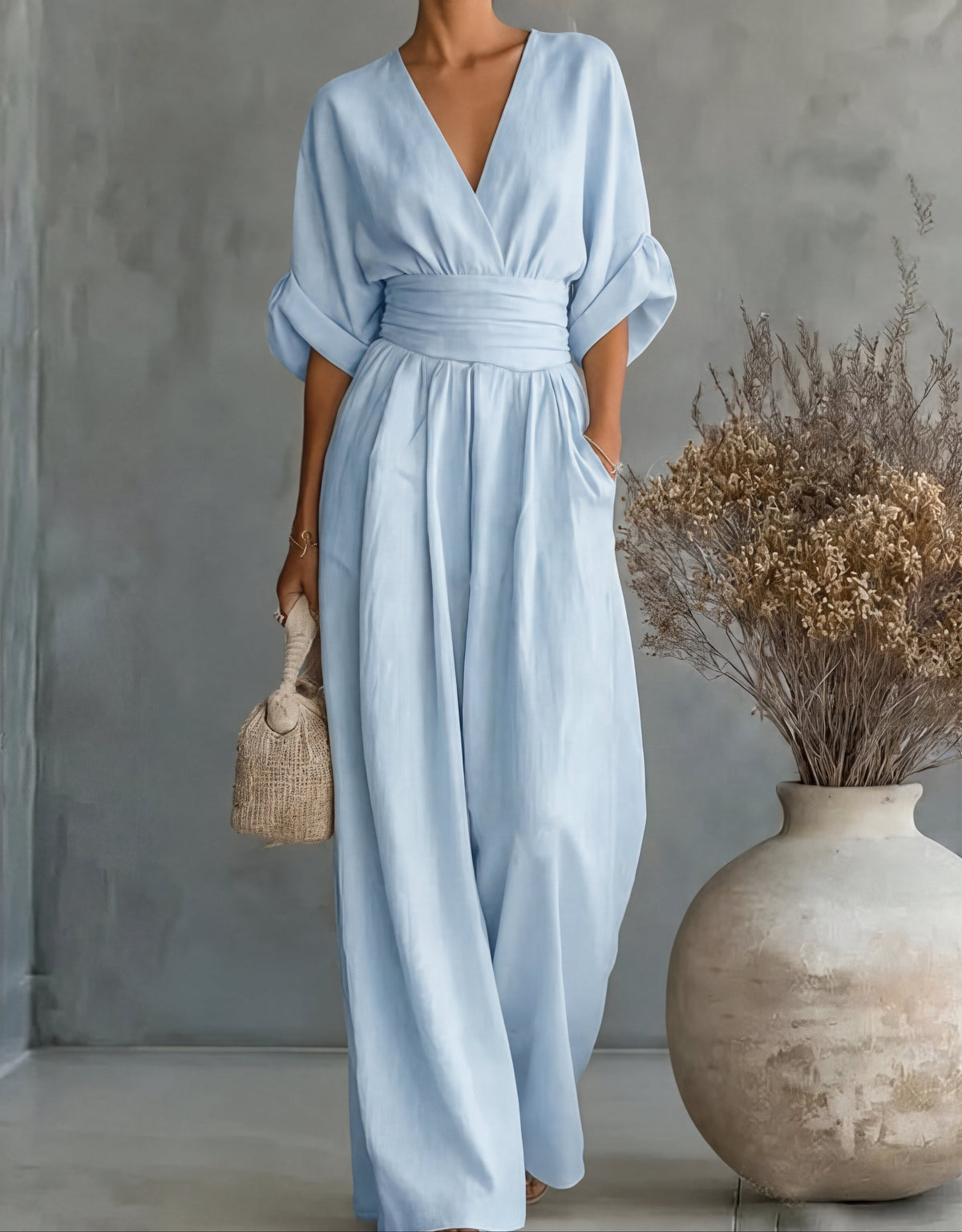Womens Wide Leg Jumpsuit with V Neck