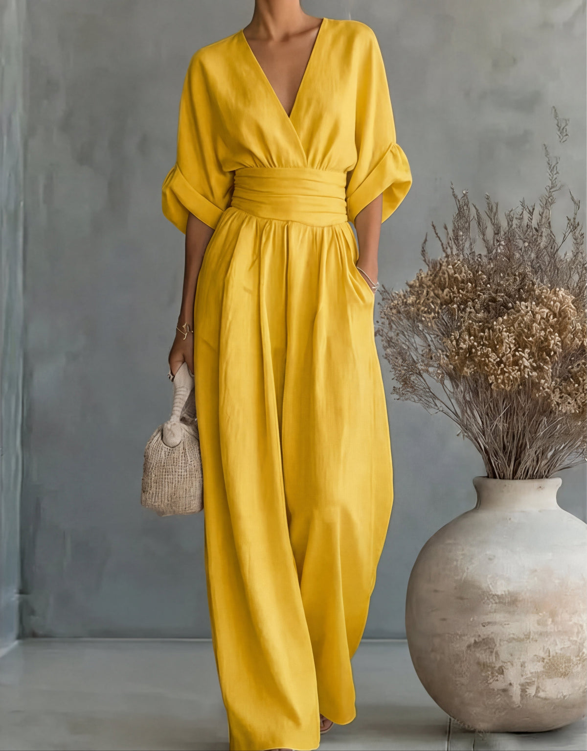 Womens Wide Leg Jumpsuit with V Neck