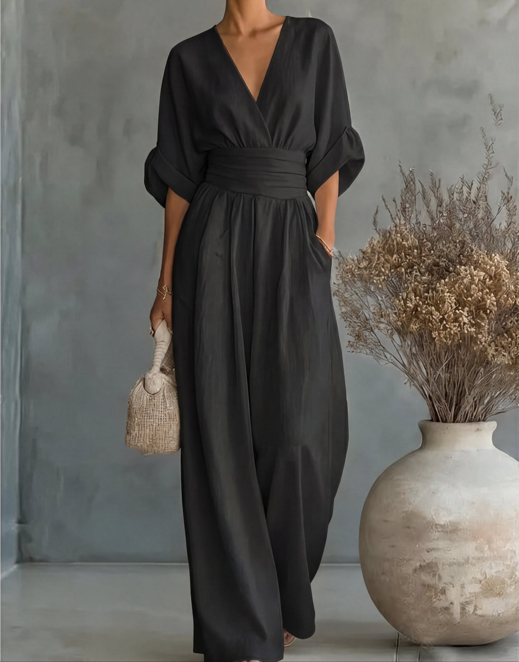 Womens Wide Leg Jumpsuit with V Neck