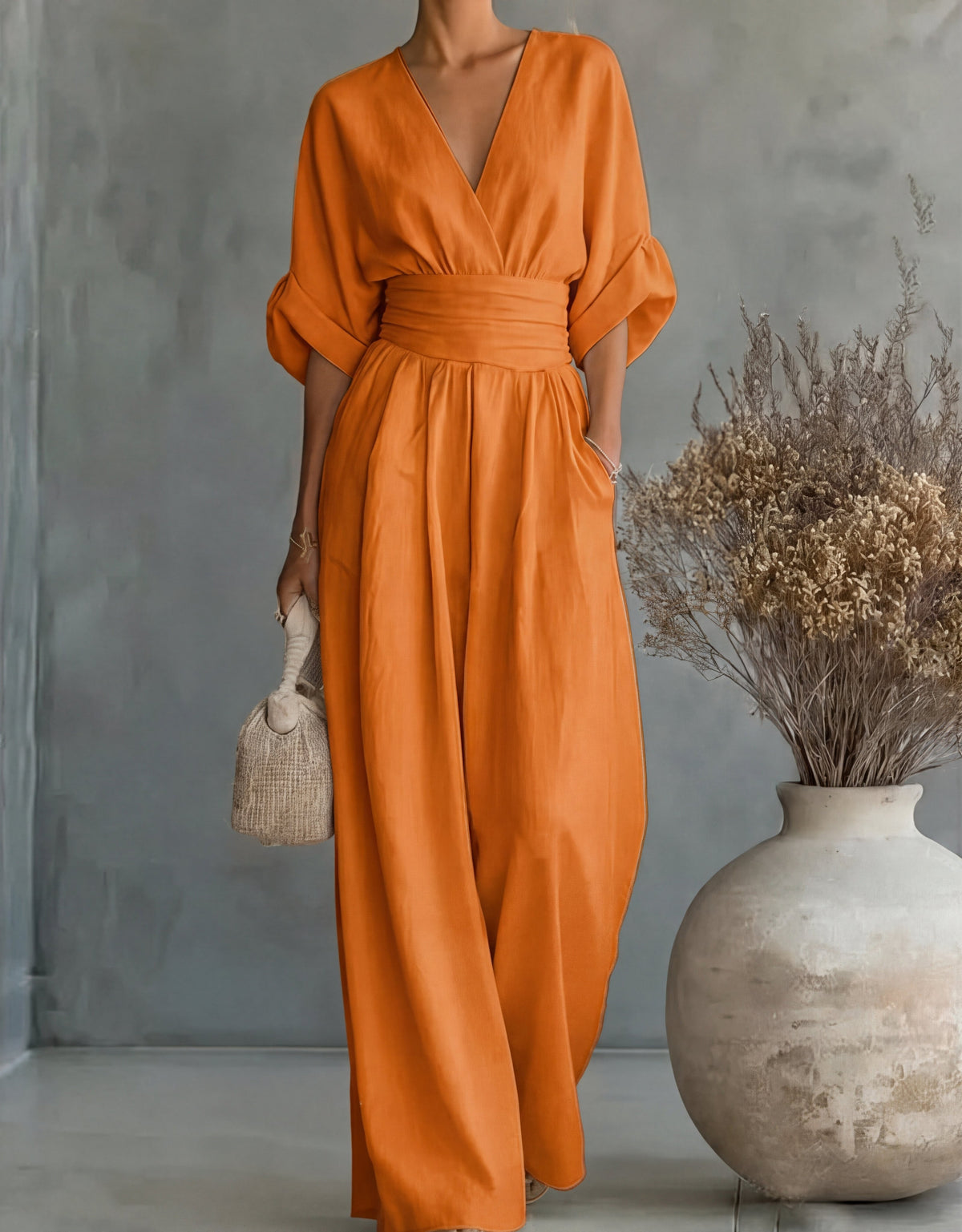 Womens Wide Leg Jumpsuit with V Neck