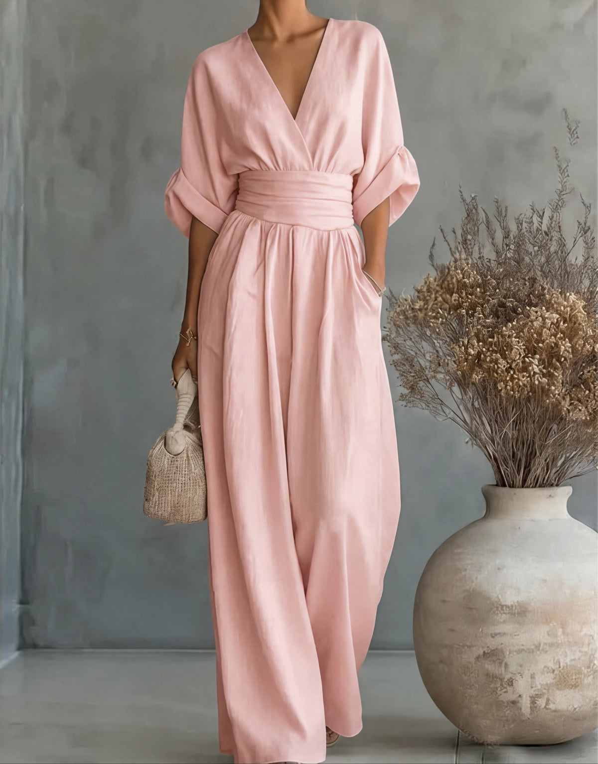 Womens Wide Leg Jumpsuit with V Neck