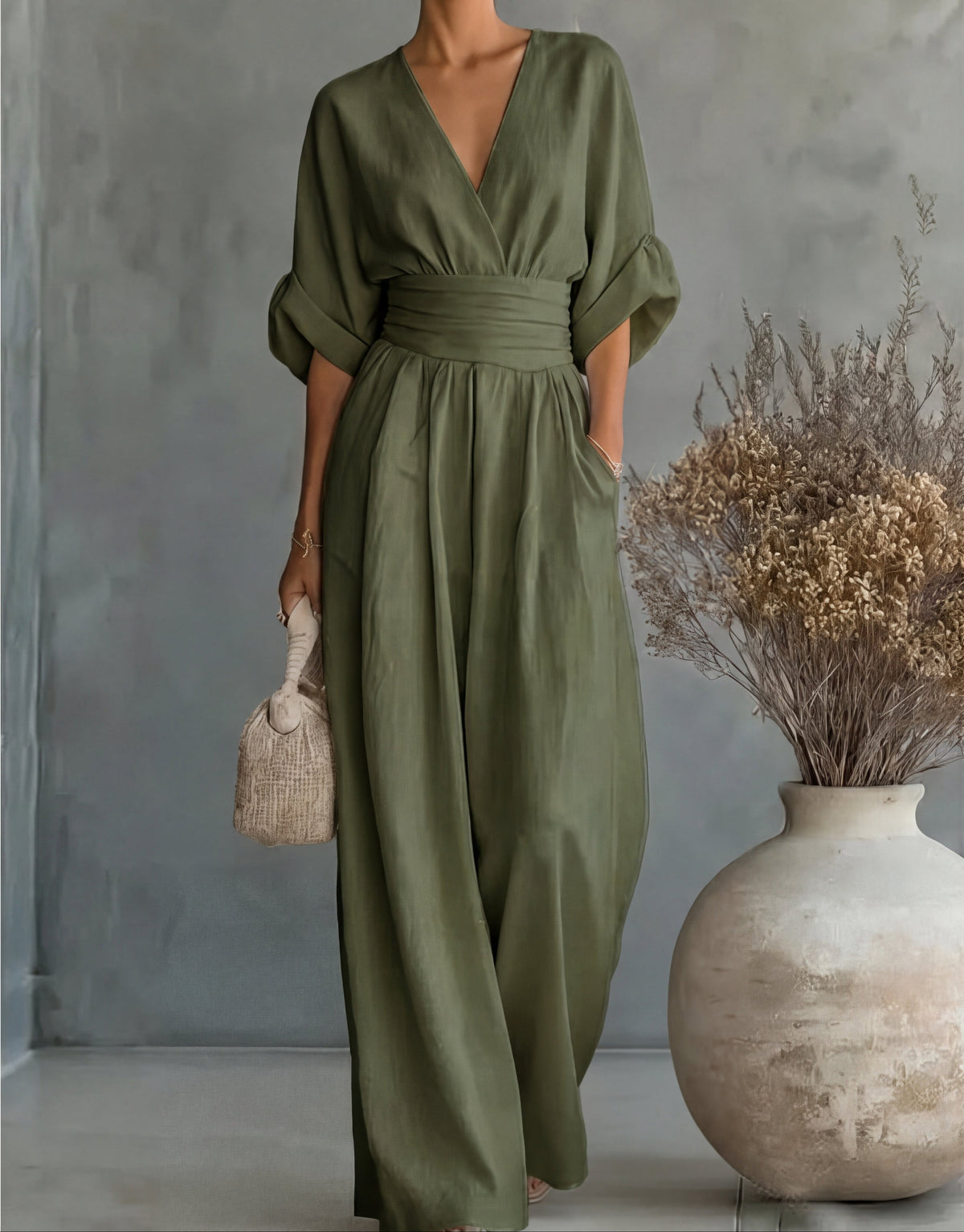 Womens Wide Leg Jumpsuit with V Neck