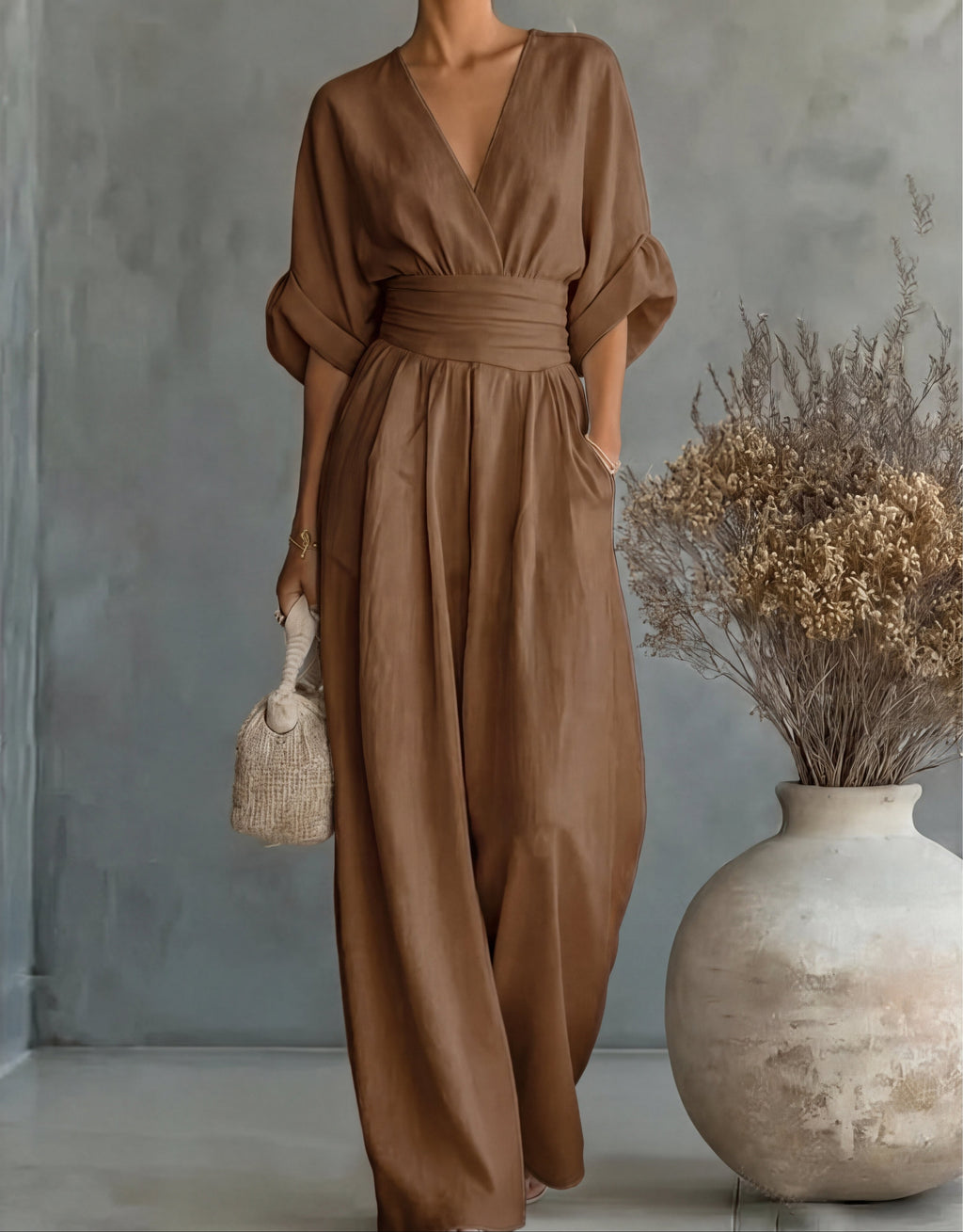 Womens Wide Leg Jumpsuit with V Neck
