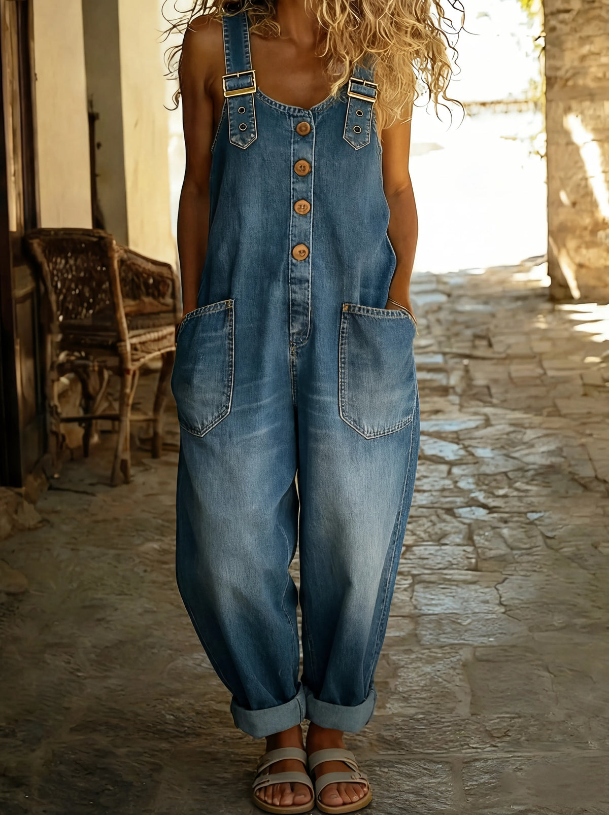 Womens Denim Jumpsuit with Adjustable Straps