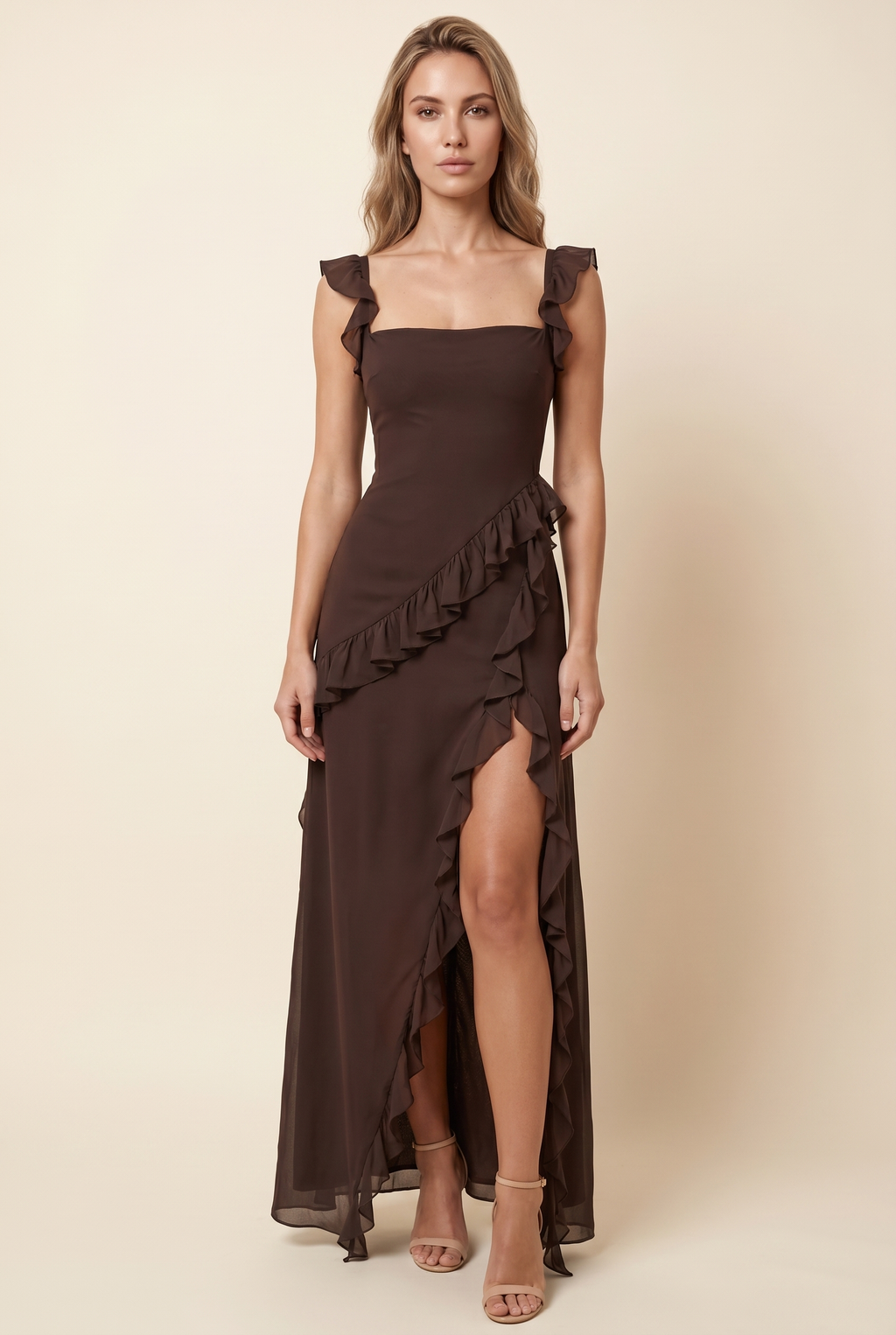 Womens Square Neck Ruffle Maxi Dress