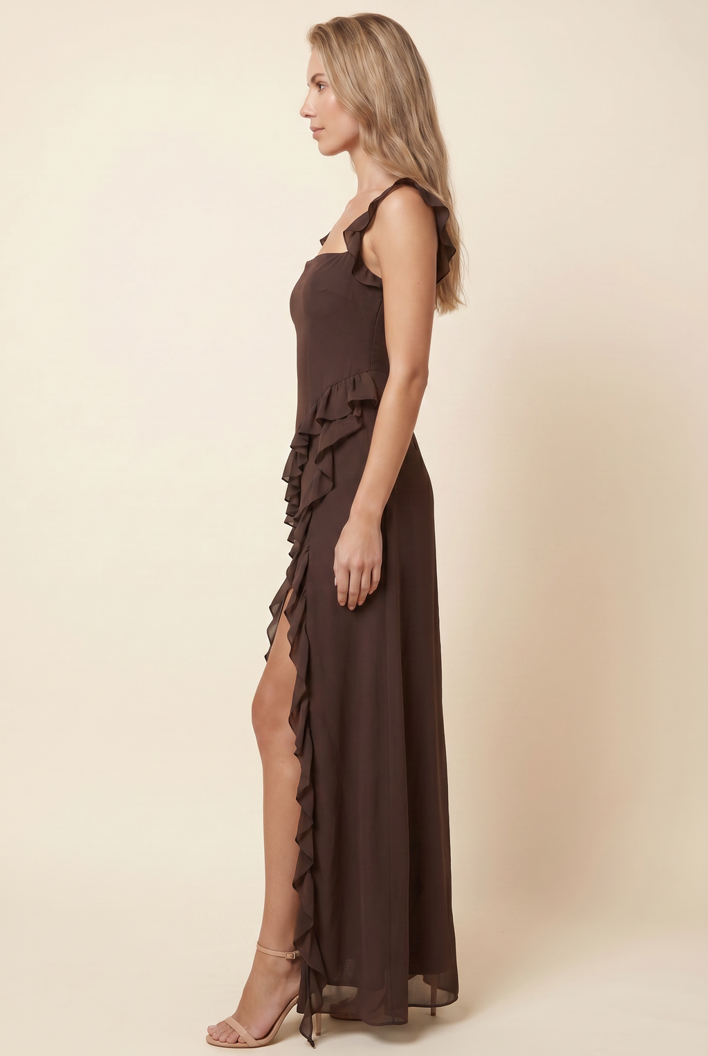 Womens Square Neck Ruffle Maxi Dress