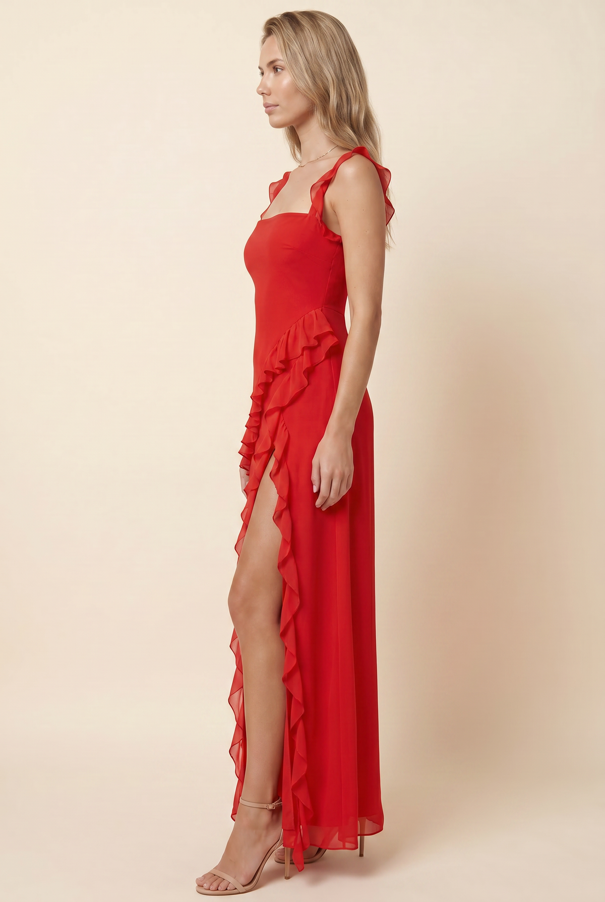 Womens Square Neck Ruffle Maxi Dress