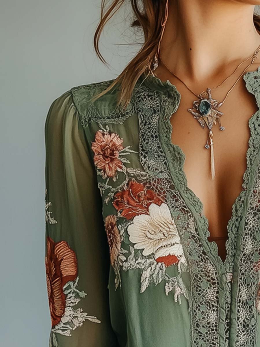 Womens Long Sleeve Floral Lace Blouse