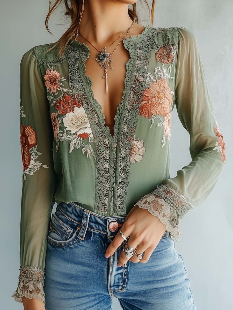 Womens Long Sleeve Floral Lace Blouse