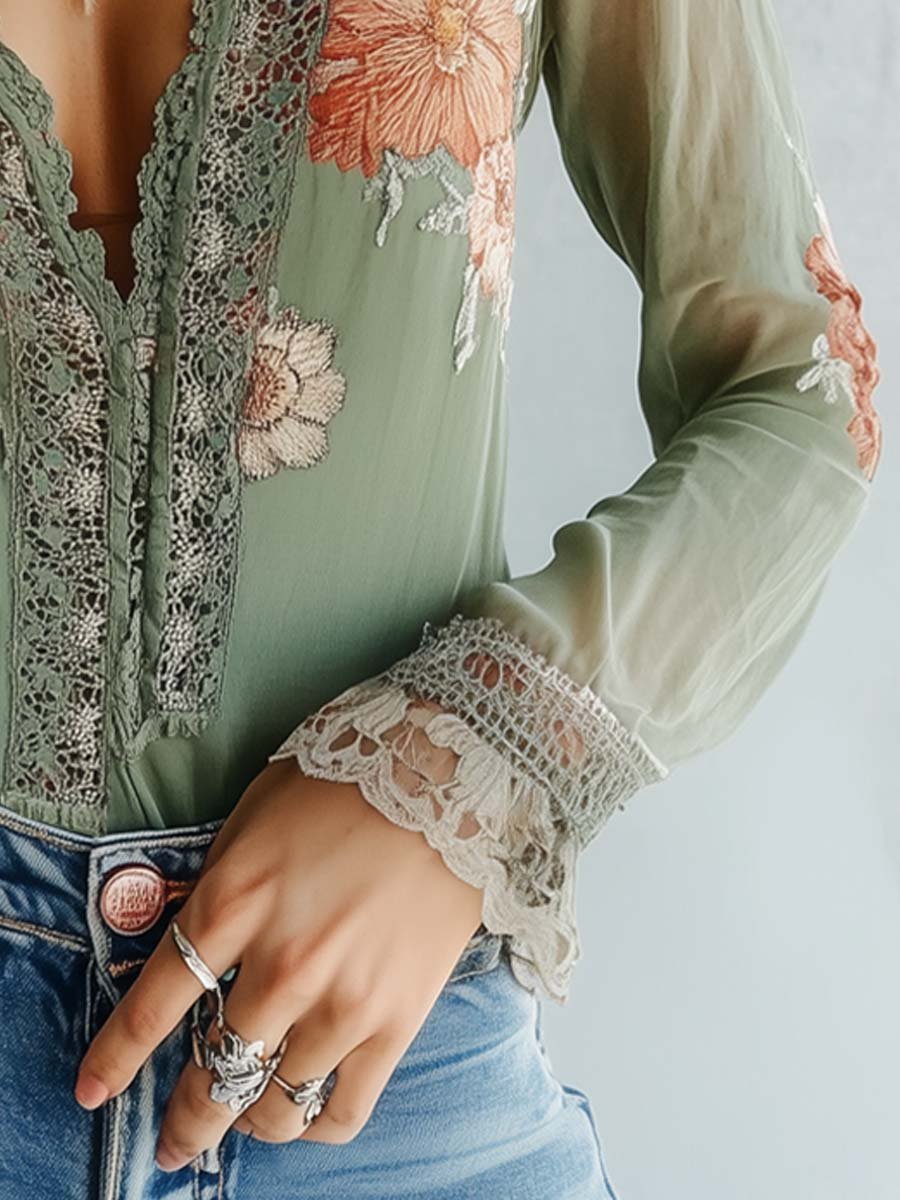 Womens Long Sleeve Floral Lace Blouse