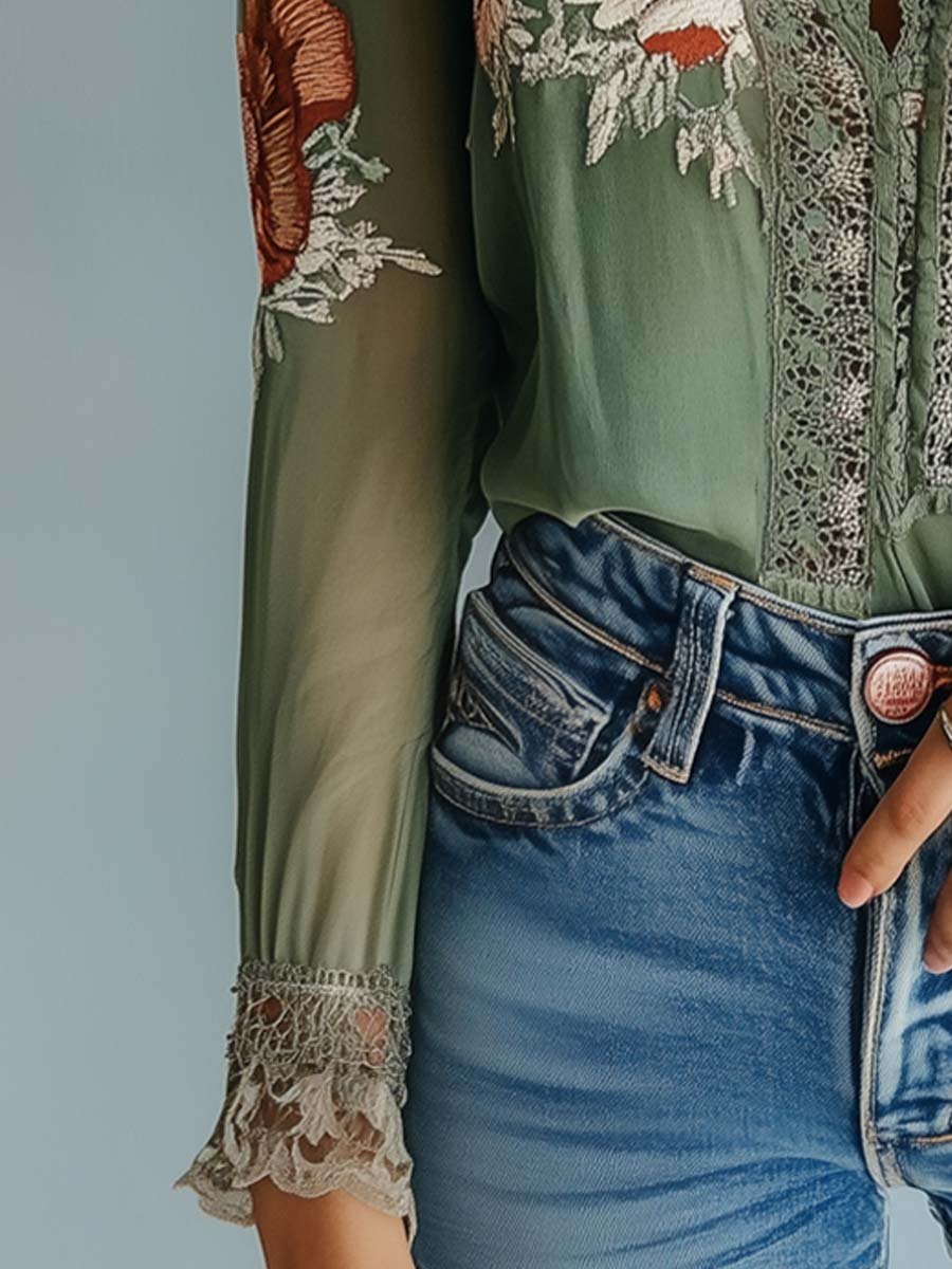Womens Long Sleeve Floral Lace Blouse