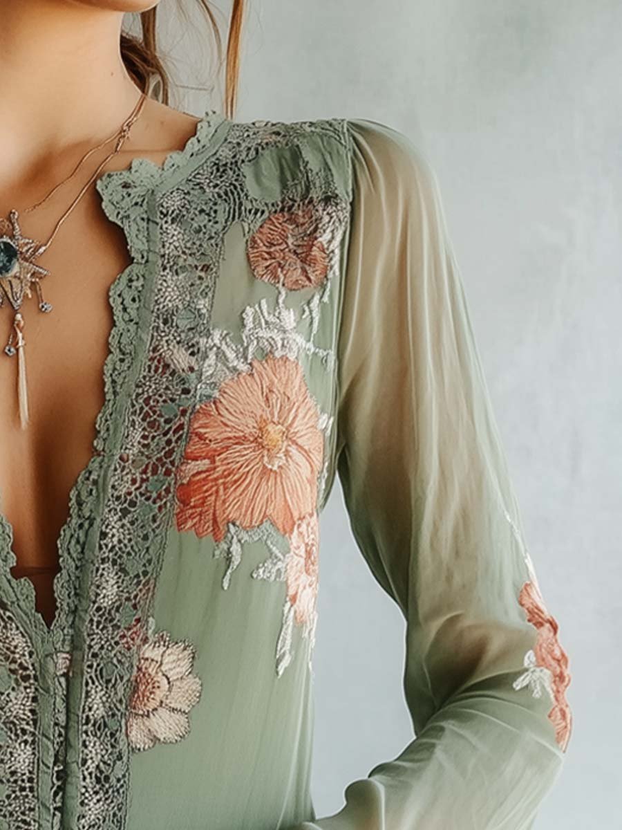 Womens Long Sleeve Floral Lace Blouse