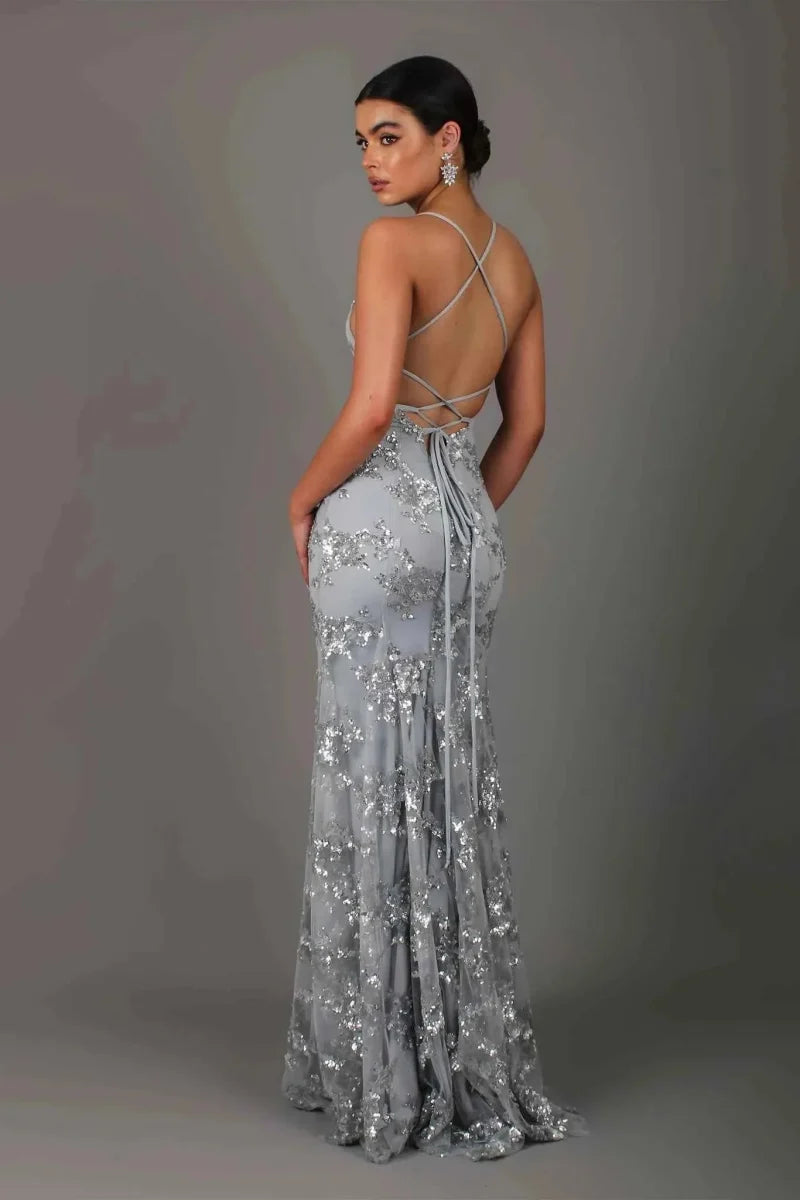 Womens Sequin Evening Dress with Open Back