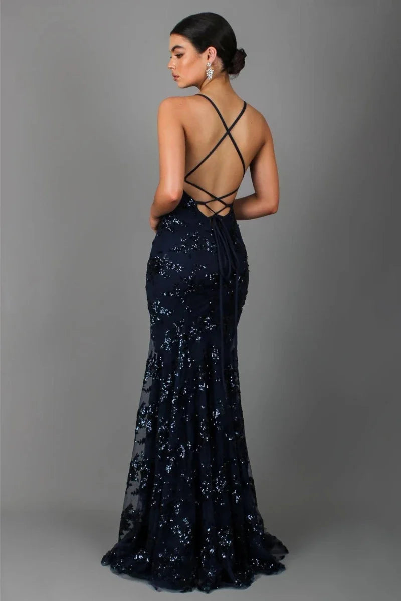 Womens Sequin Evening Dress with Open Back