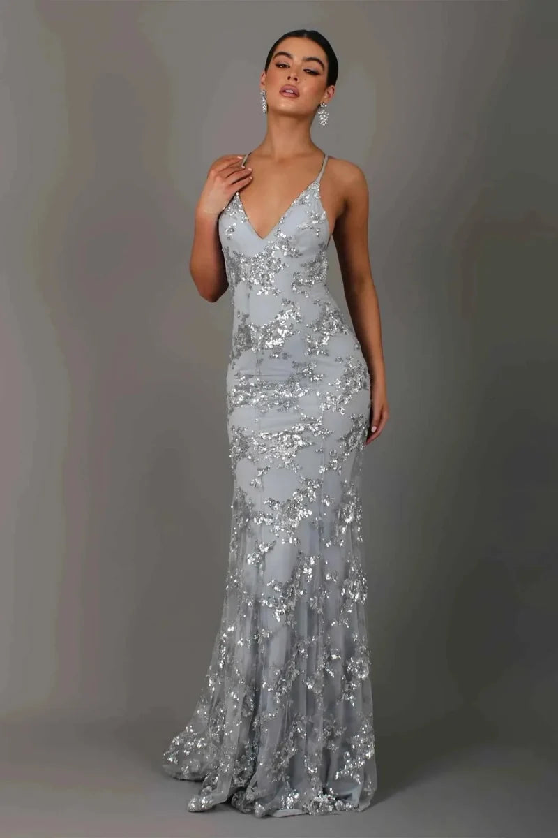 Womens Sequin Evening Dress with Open Back