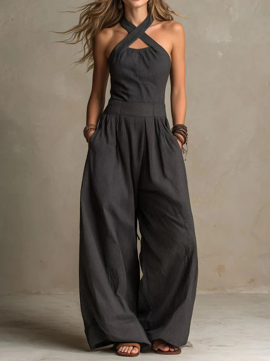 Womens Cotton Linen Jumpsuit with Halter Neck