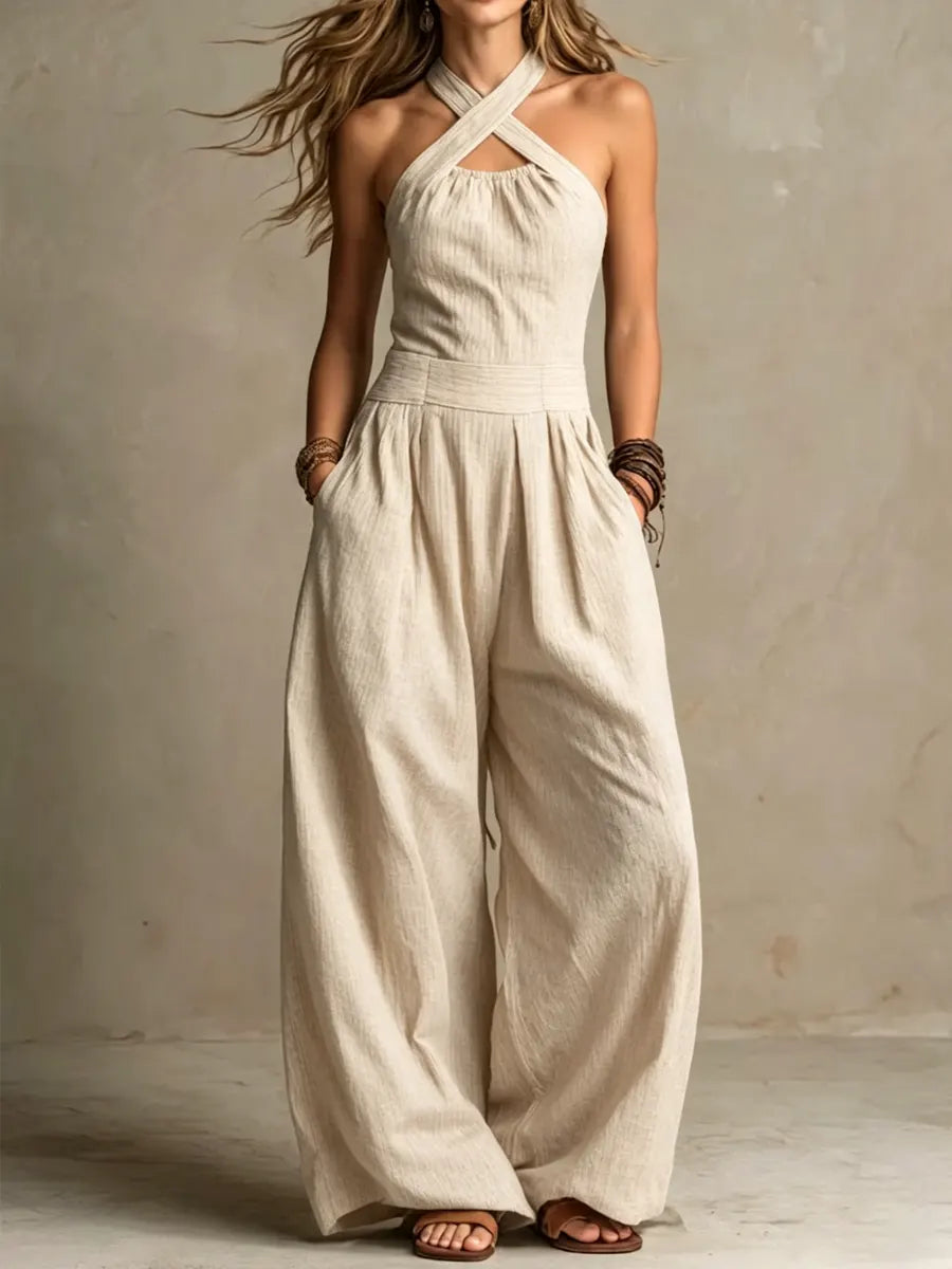 Womens Cotton Linen Jumpsuit with Halter Neck