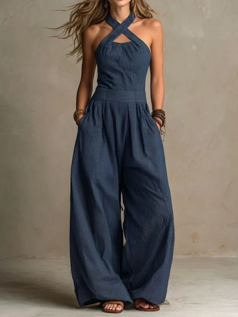 Womens Cotton Linen Jumpsuit with Halter Neck
