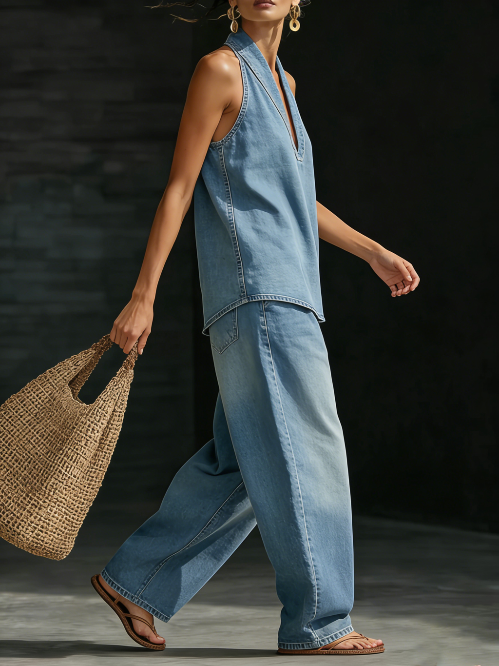 Womens Wide Leg Denim Two Piece Set