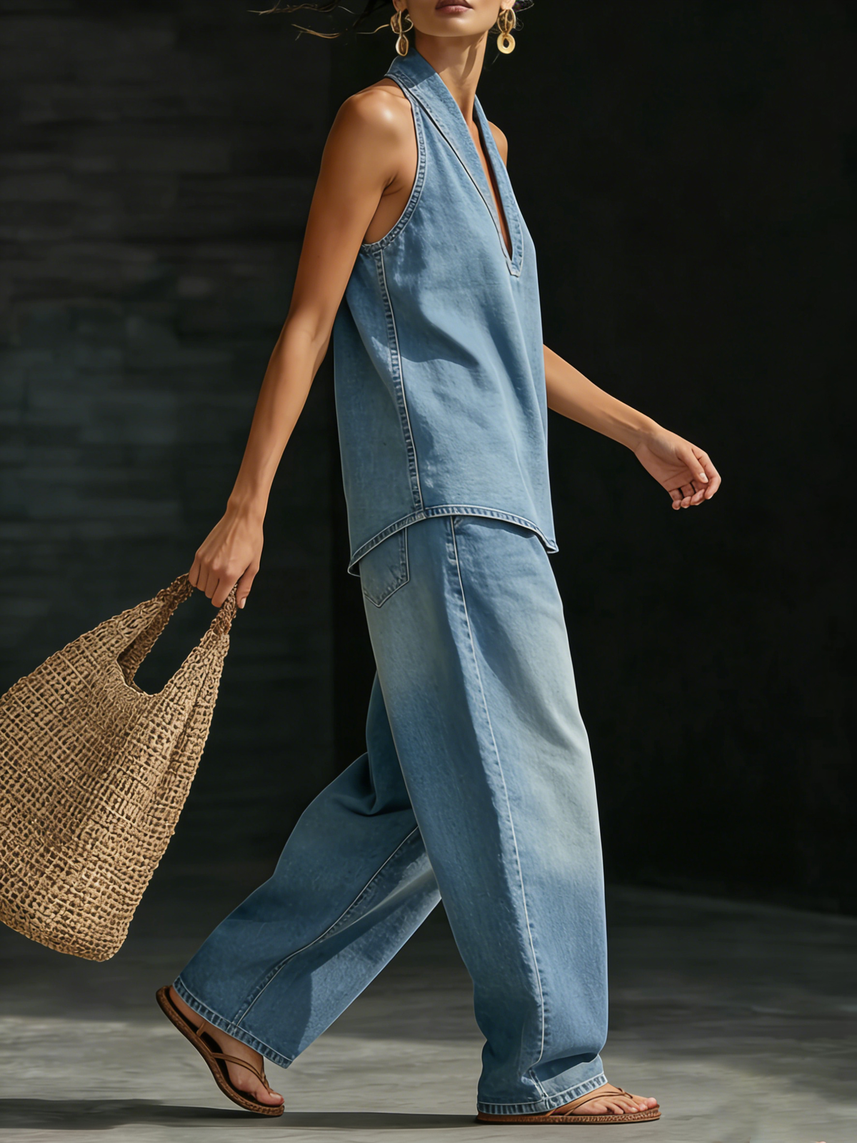 Womens Wide Leg Denim Two Piece Set