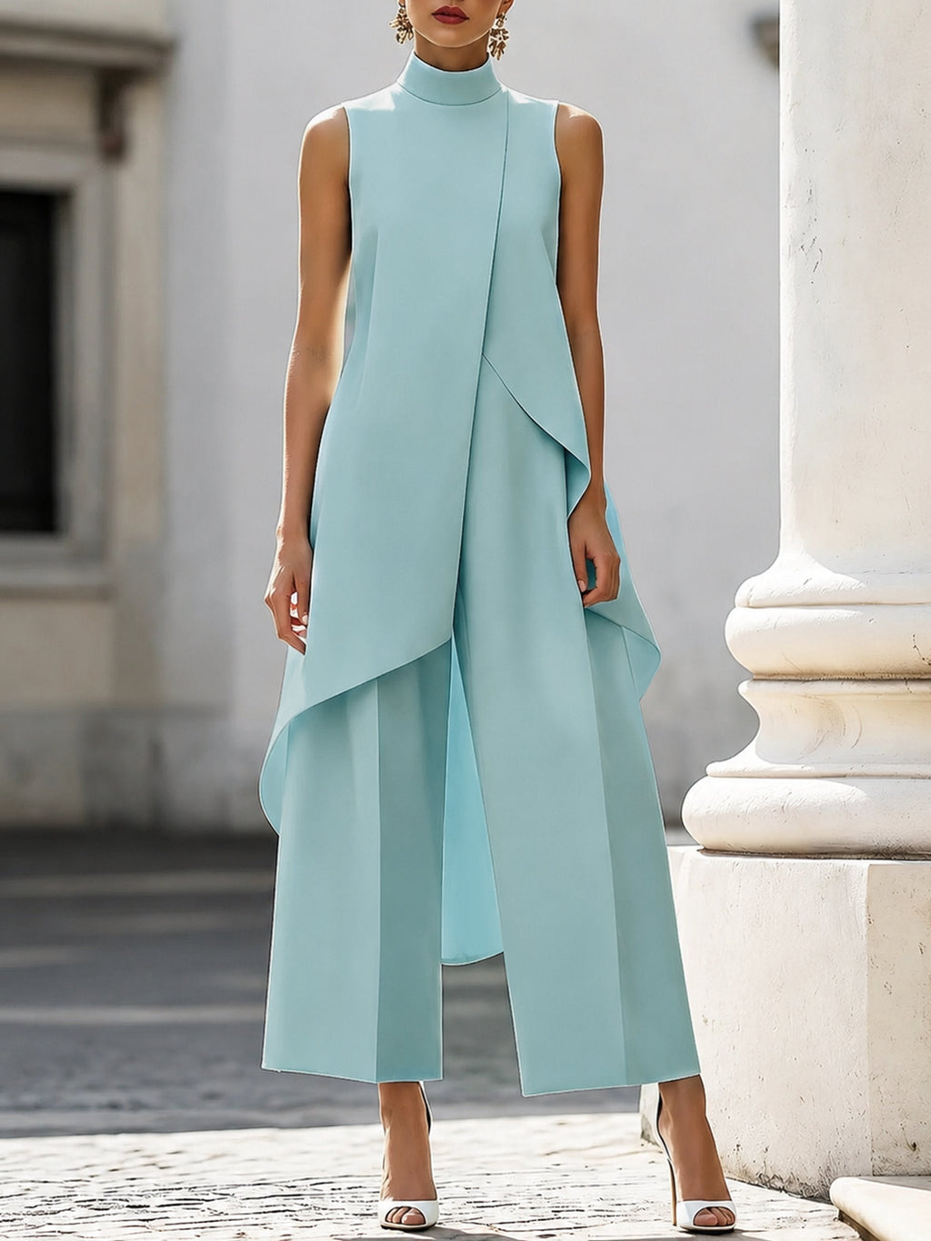 Womens Asymmetric High Neck Two Piece Set