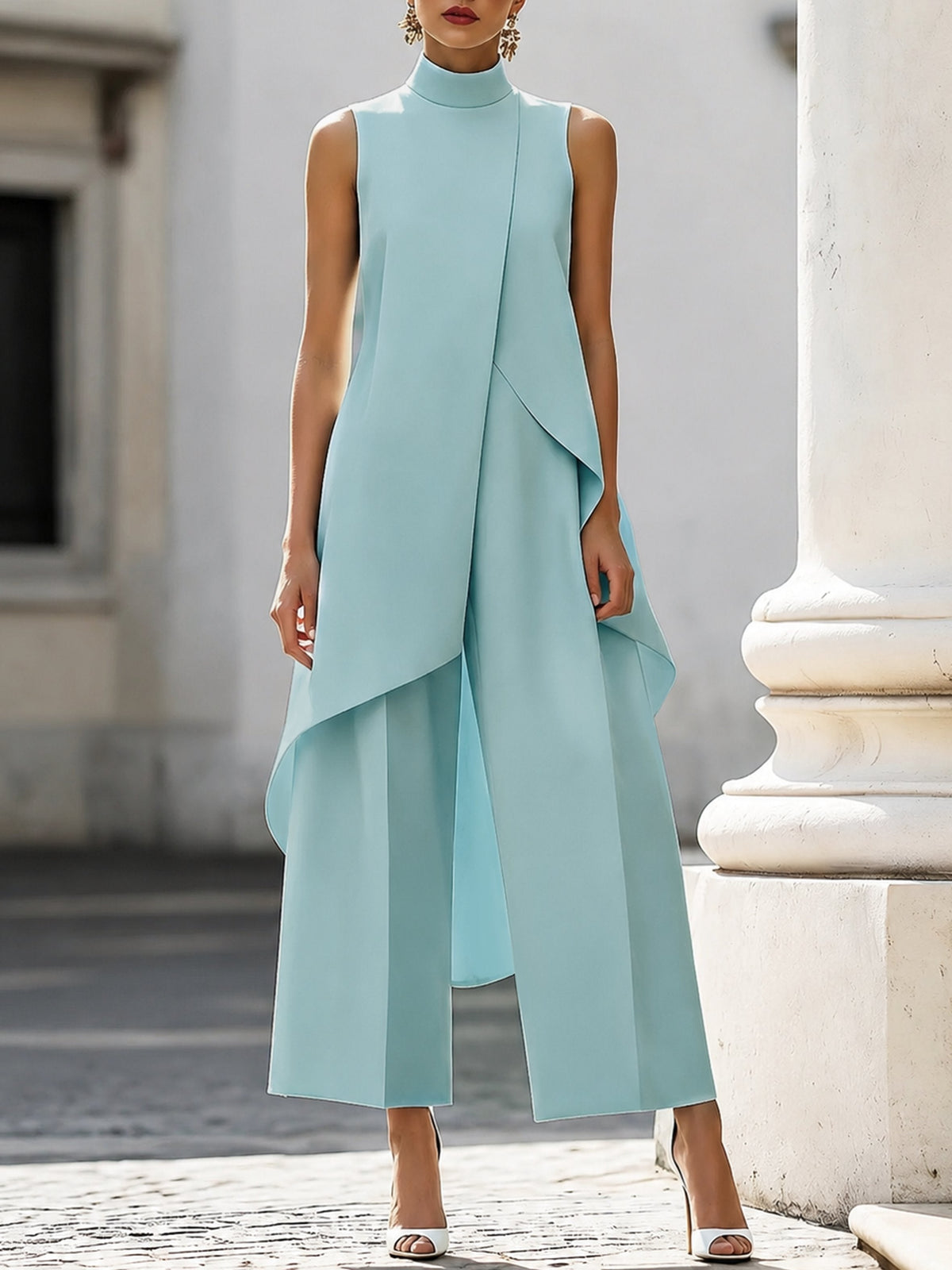 Womens Asymmetric High Neck Two Piece Set