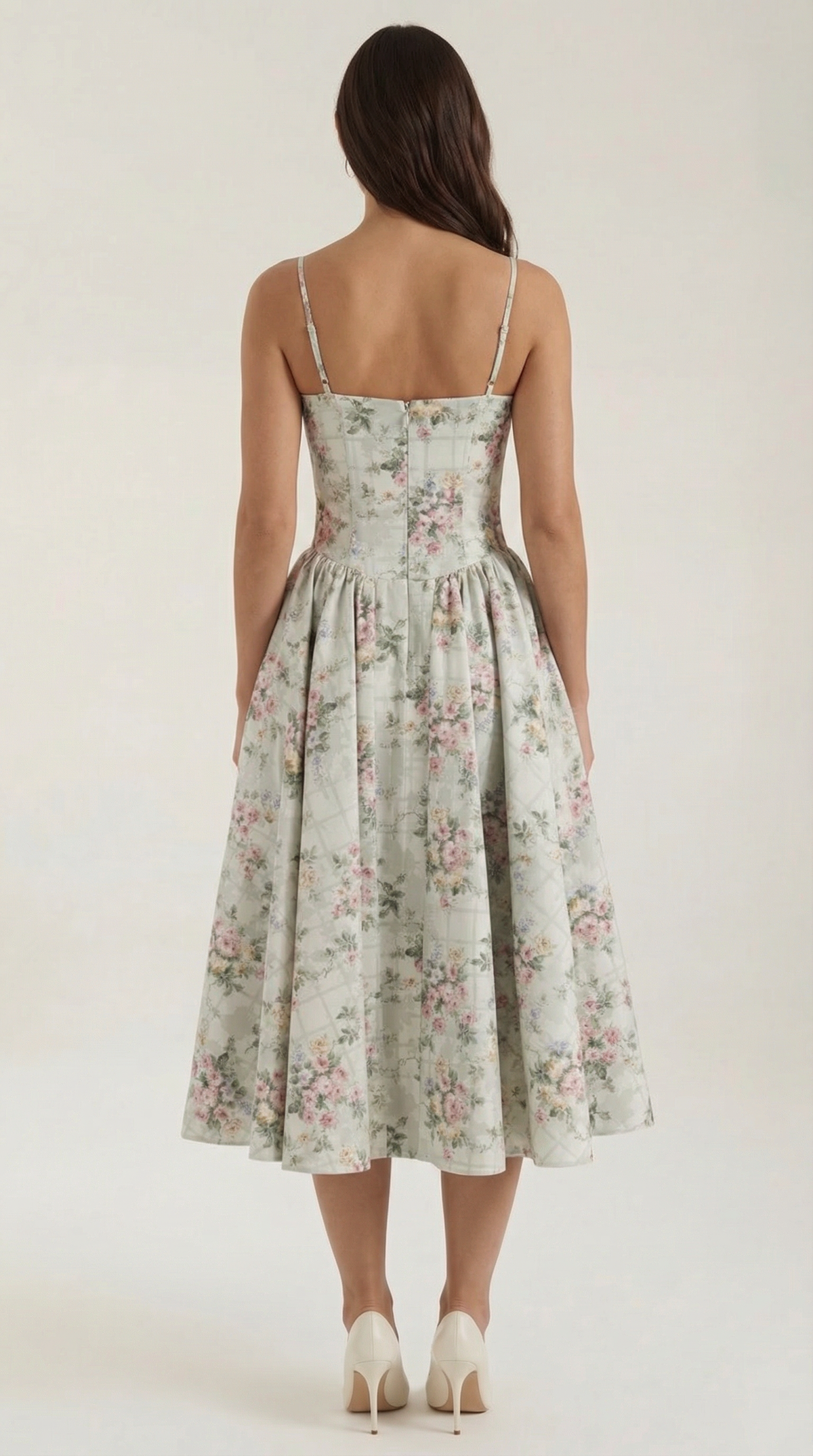 Womens Floral Corset Midi Dress Spaghetti Straps