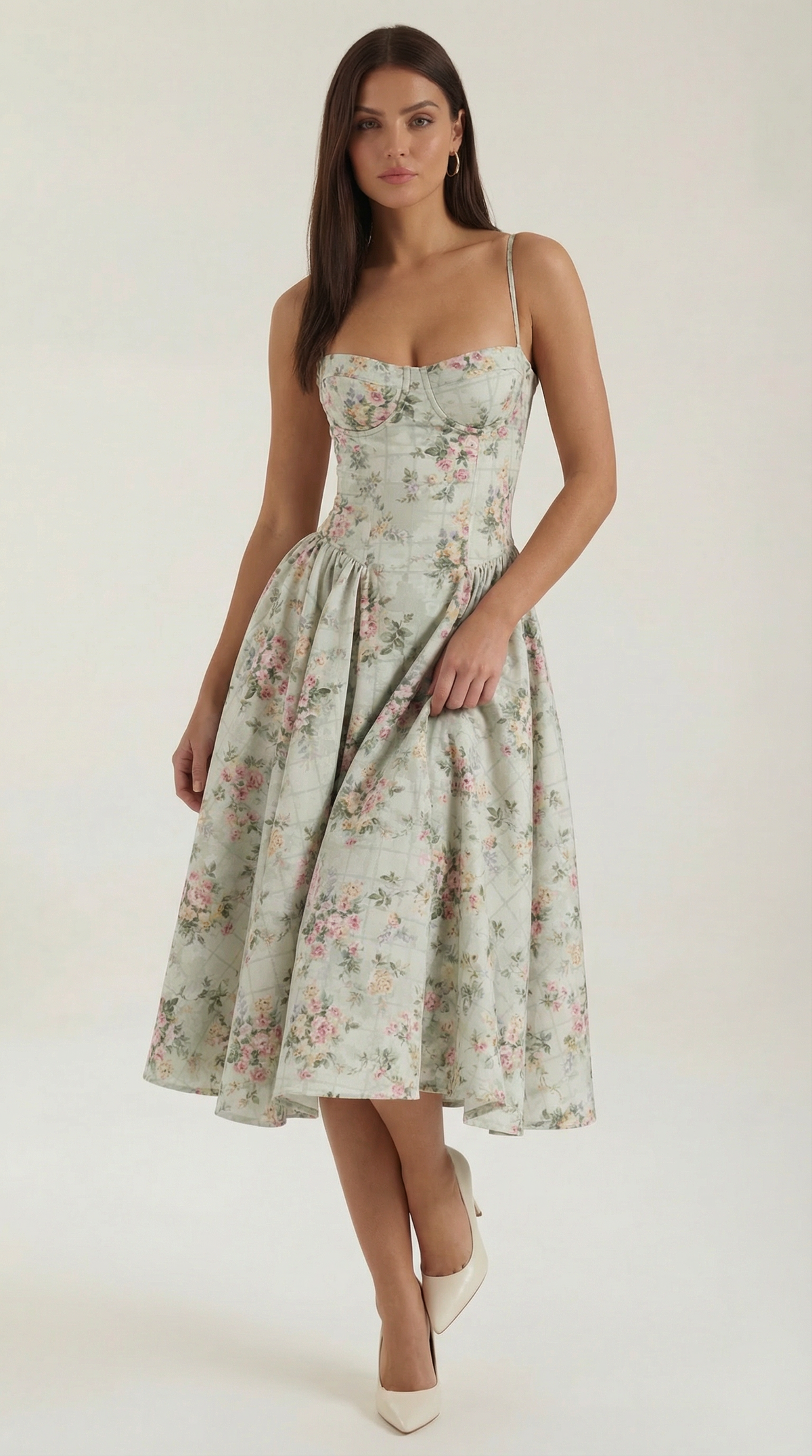 Womens Floral Corset Midi Dress Spaghetti Straps