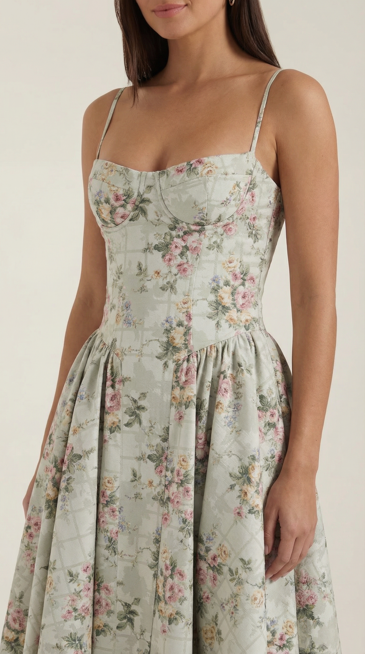 Womens Floral Corset Midi Dress Spaghetti Straps