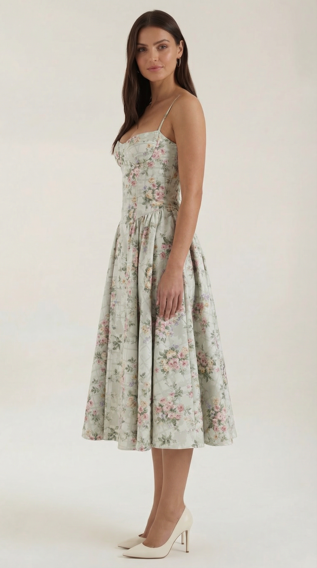 Womens Floral Corset Midi Dress Spaghetti Straps