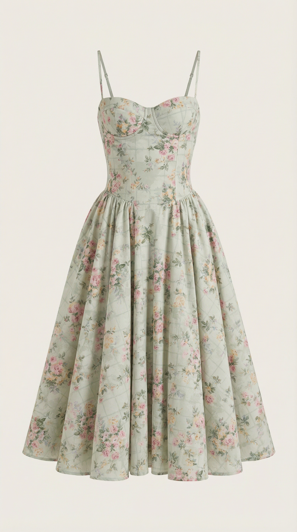 Womens Floral Corset Midi Dress Spaghetti Straps