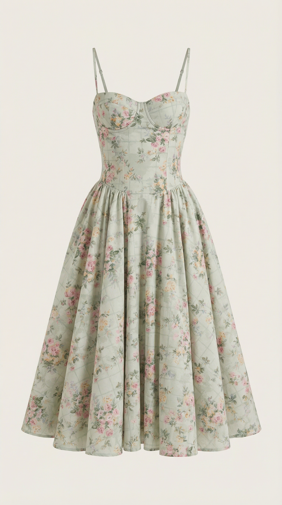 Womens Floral Corset Midi Dress Spaghetti Straps