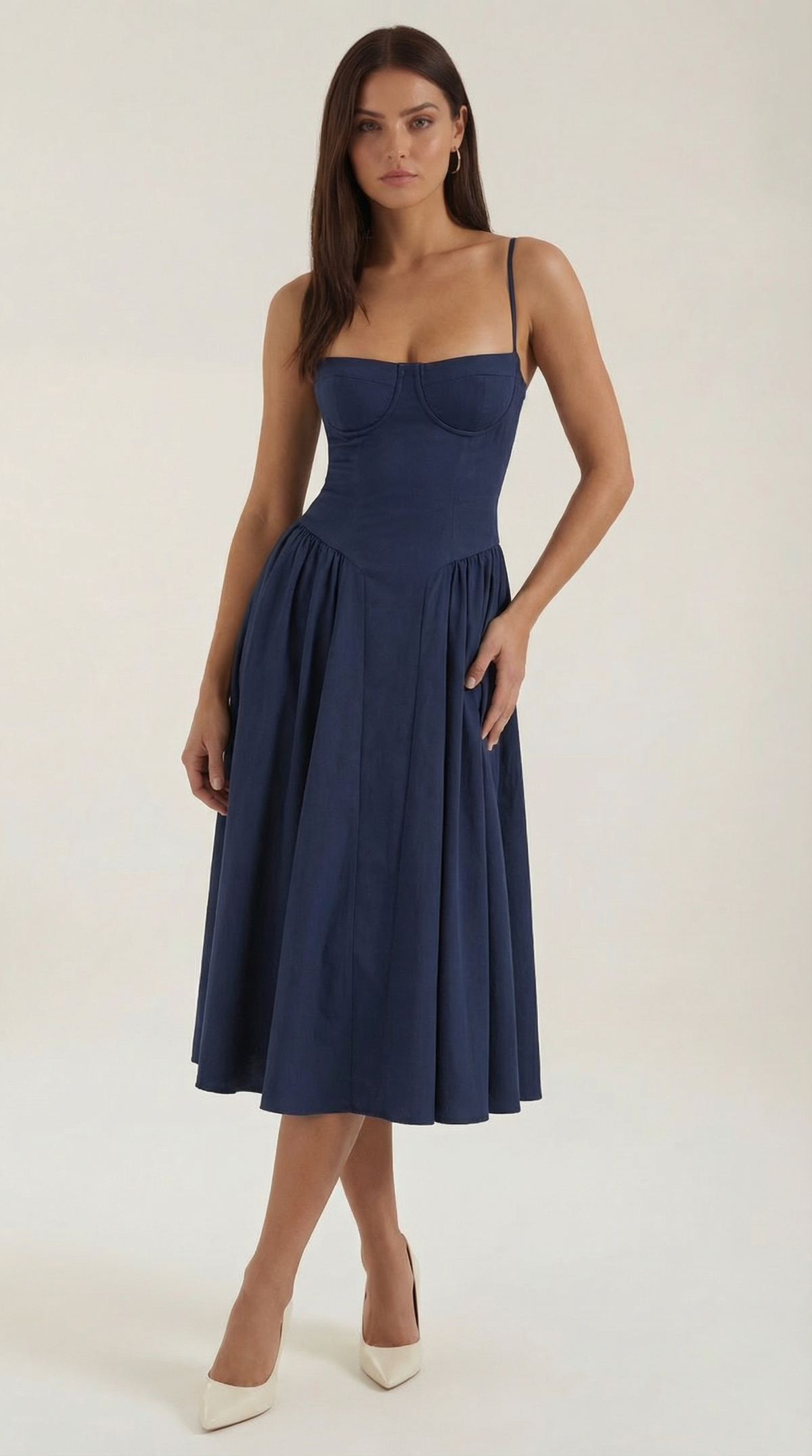 Womens Floral Corset Midi Dress Spaghetti Straps