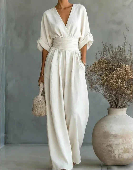 Womens Wide Leg Jumpsuit with V Neck