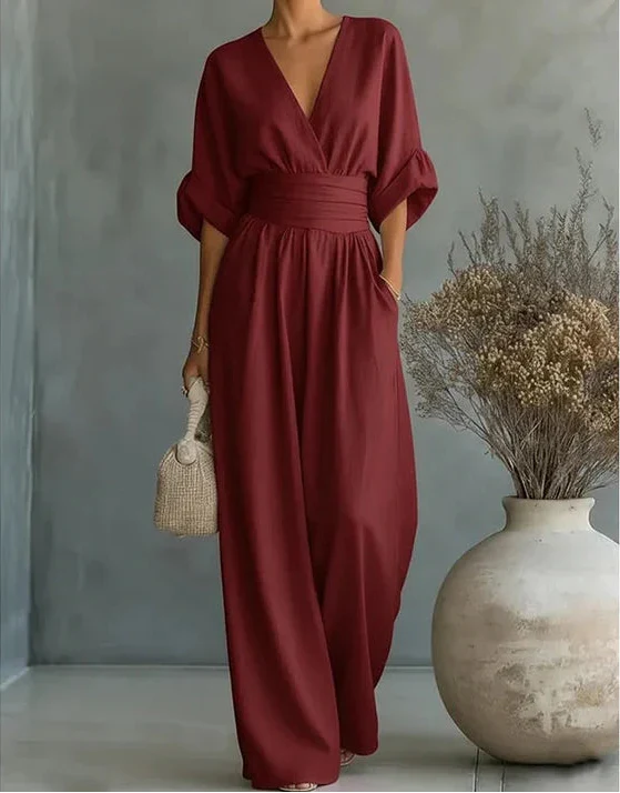 Womens Wide Leg Jumpsuit with V Neck
