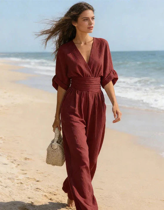 Womens Wide Leg Jumpsuit with V Neck